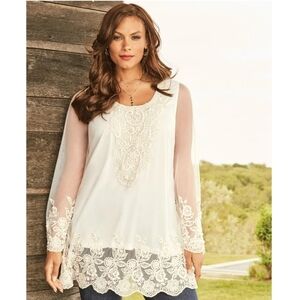 Roaman's Embellished Mesh Overlay Tunic Top Size 22W Ivory Lace Pearl Sheer